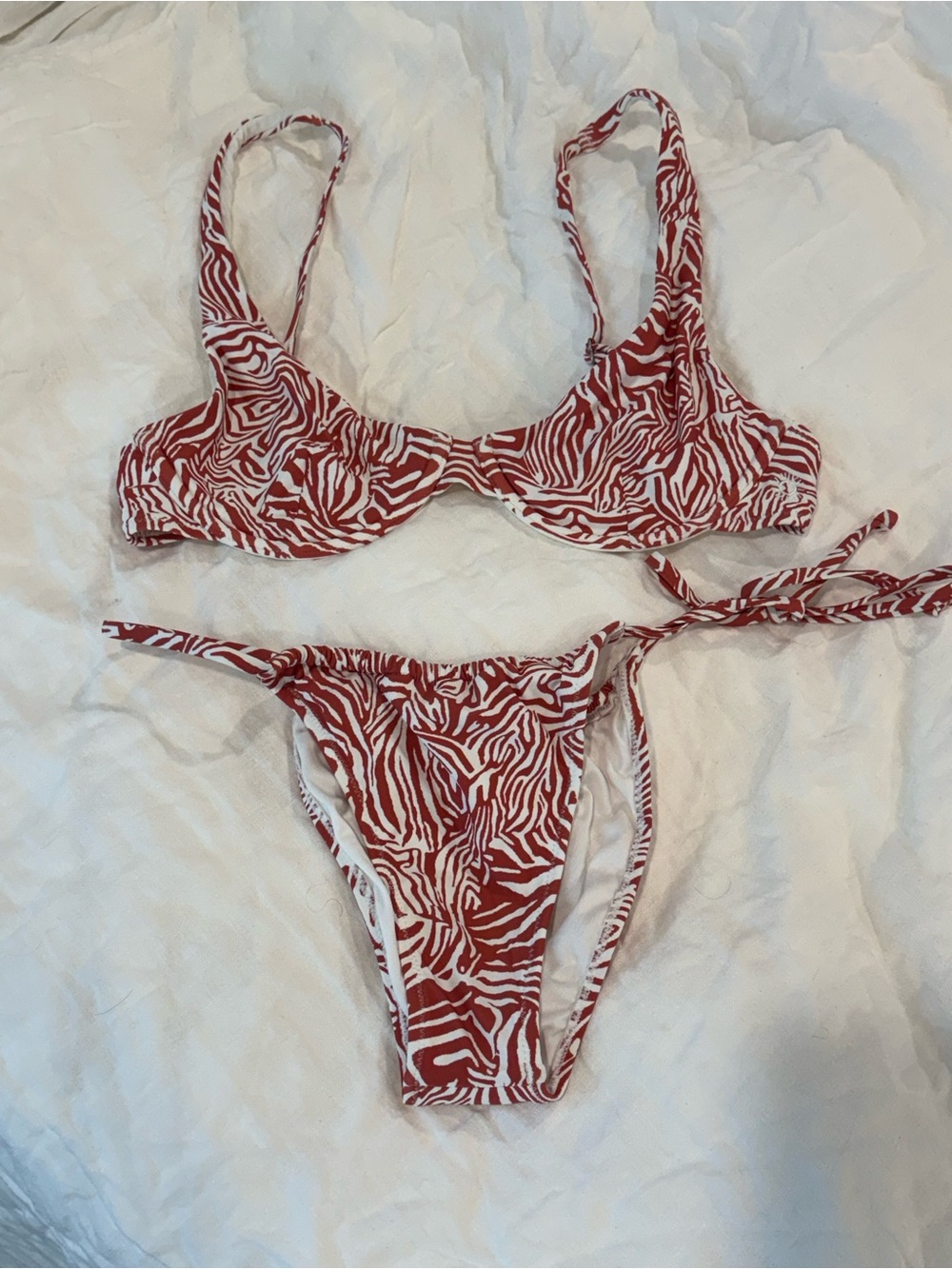 Rhythm Swimwear - Orange and White Zebra Print Tie-Side Bikini - Size M